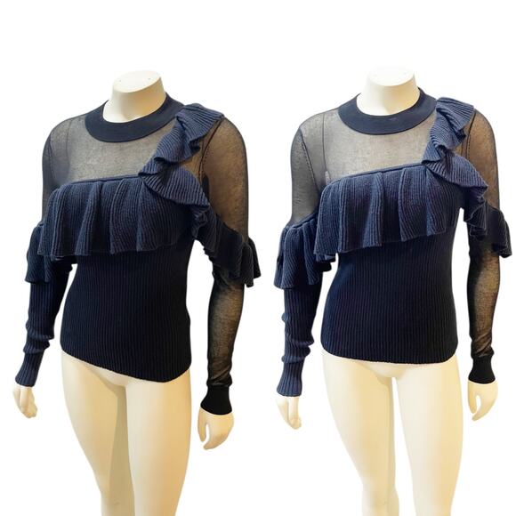 Self-Portrait Asymmetric Frill Long-Sleeve Wool Sweater Blue Women's Medium - Picture 1 of 11